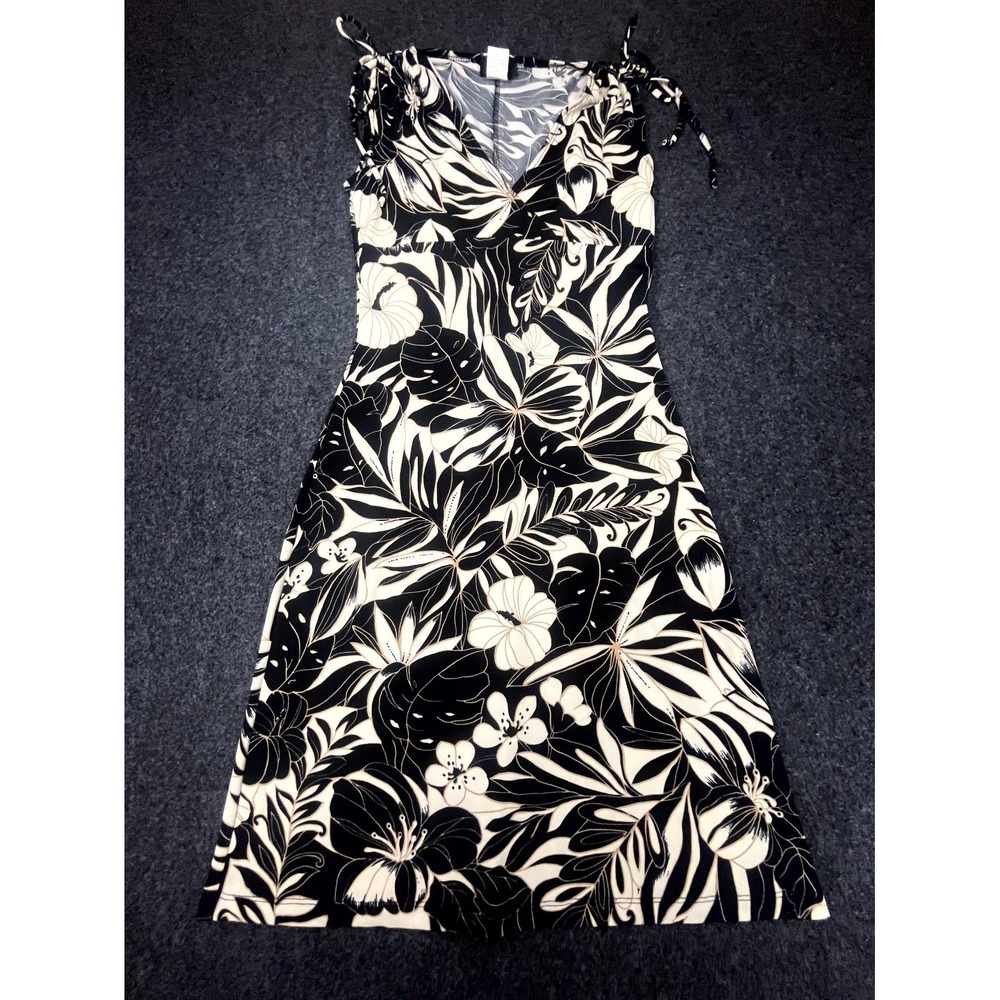 Taboo Fit & Flare Dress Womens Small Black Beige Floral Y2K Adjustable Tie Strap